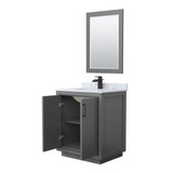 Wyndham WCF111130SGBCMUNSM24 Icon 30 Inch Single Bathroom Vanity in Dark Gray, White Carrara Marble Countertop, Undermount Square Sink, Matte Black Trim, 24 Inch Mirror