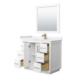 Wyndham WCF111142SWZWCUNSM34 Icon 42 Inch Single Bathroom Vanity in White, White Cultured Marble Countertop, Undermount Square Sink, Satin Bronze Trim, 34 Inch Mirror Wyndham WCF111142SWZWCUNSM34 Icon 42 Inch Single Bathroom Vanity in White, White Cultured Marble Countertop, Undermount Square Sink, Satin Bronze Trim, 34 Inch Mirror