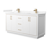 Wyndham WCF111166DWZC2UNSMXX Icon 66 Inch Double Bathroom Vanity in White, Carrara Cultured Marble Countertop, Undermount Square Sinks, Satin Bronze Trim
