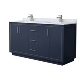 Wyndham WCF111166DBNCMUNSMXX Icon 66 Inch Double Bathroom Vanity in Dark Blue, White Carrara Marble Countertop, Undermount Square Sinks, Brushed Nickel Trim