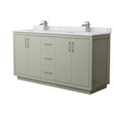Wyndham WCF111166DLGCMUNSMXX Icon 66 Inch Double Bathroom Vanity in Light Green, White Carrara Marble Countertop, Undermount Square Sinks, Brushed Nickel Trim Wyndham WCF111166DLGCMUNSMXX Icon 66 Inch Double Bathroom Vanity in Light Green, White Carrara Marble Countertop, Undermount Square Sinks, Brushed Nickel Trim