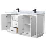 Wyndham WCF111166DWBCMUNSMXX Icon 66 Inch Double Bathroom Vanity in White, White Carrara Marble Countertop, Undermount Square Sinks, Matte Black Trim