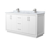 Wyndham WCF111166DWHCMUNSMXX Icon 66 Inch Double Bathroom Vanity in White, White Carrara Marble Countertop, Undermount Square Sinks, Brushed Nickel Trim