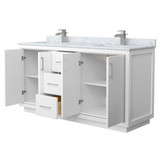 Wyndham WCF111166DWHCMUNSMXX Icon 66 Inch Double Bathroom Vanity in White, White Carrara Marble Countertop, Undermount Square Sinks, Brushed Nickel Trim