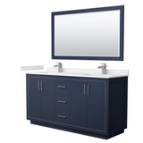 Wyndham WCF111166DBNWCUNSM58 Icon 66 Inch Double Bathroom Vanity in Dark Blue, White Cultured Marble Countertop, Undermount Square Sinks, Brushed Nickel Trim, 58 Inch Mirror