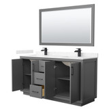Wyndham WCF111166DGBC2UNSM58 Icon 66 Inch Double Bathroom Vanity in Dark Gray, Carrara Cultured Marble Countertop, Undermount Square Sinks, Matte Black Trim, 58 Inch Mirror