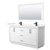 Wyndham WCF111166DWBC2UNSM58 Icon 66 Inch Double Bathroom Vanity in White, Carrara Cultured Marble Countertop, Undermount Square Sinks, Matte Black Trim, 58 Inch Mirror