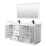 Wyndham WCF111166DWBC2UNSM58 Icon 66 Inch Double Bathroom Vanity in White, Carrara Cultured Marble Countertop, Undermount Square Sinks, Matte Black Trim, 58 Inch Mirror