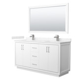 Wyndham WCF111166DWHC2UNSM58 Icon 66 Inch Double Bathroom Vanity in White, Carrara Cultured Marble Countertop, Undermount Square Sinks, Brushed Nickel Trim, 58 Inch Mirror
