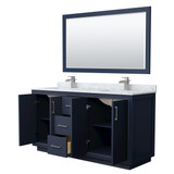 Wyndham WCF111166DBNCMUNSM58 Icon 66 Inch Double Bathroom Vanity in Dark Blue, White Carrara Marble Countertop, Undermount Square Sinks, Brushed Nickel Trim, 58 Inch Mirror