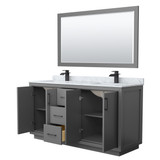 Wyndham WCF111166DGBCMUNSM58 Icon 66 Inch Double Bathroom Vanity in Dark Gray, White Carrara Marble Countertop, Undermount Square Sinks, Matte Black Trim, 58 Inch Mirror