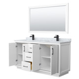 Wyndham WCF111166DWBCMUNSM58 Icon 66 Inch Double Bathroom Vanity in White, White Carrara Marble Countertop, Undermount Square Sinks, Matte Black Trim, 58 Inch Mirror