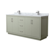 Wyndham WCF111172DLGCMUNSMXX Icon 72 Inch Double Bathroom Vanity in Light Green, White Carrara Marble Countertop, Undermount Square Sinks, Brushed Nickel Trim