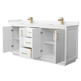 Wyndham WCF111172DWZC2UNSMXX Icon 72 Inch Double Bathroom Vanity in White, Carrara Cultured Marble Countertop, Undermount Square Sinks, Satin Bronze Trim