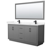 Wyndham WCF111172DGBC2UNSM70 Icon 72 Inch Double Bathroom Vanity in Dark Gray, Carrara Cultured Marble Countertop, Undermount Square Sinks, Matte Black Trim, 70 Inch Mirror
