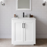 Wyndham WCF292930SWBC2UNSM24 Miranda 30 Inch Single Bathroom Vanity in White, Carrara Cultured Marble Countertop, Undermount Square Sink, Matte Black Trim, 24 Inch Mirror