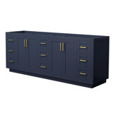 Wyndham WCF292984DBLCXSXXMXX Miranda 84 Inch Double Bathroom Vanity in Dark Blue, No Countertop, No Sink, Brushed Gold Trim