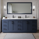 Wyndham WCF292984DBBC2UNSM70 Miranda 84 Inch Double Bathroom Vanity in Dark Blue, Carrara Cultured Marble Countertop, Undermount Square Sinks, Matte Black Trim, 70 Inch Mirror