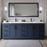 Wyndham WCF292984DBBWCUNSM70 Miranda 84 Inch Double Bathroom Vanity in Dark Blue, White Cultured Marble Countertop, Undermount Square Sinks, Matte Black Trim, 70 Inch Mirror