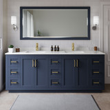 Wyndham WCF292984DBLC2UNSM70 Miranda 84 Inch Double Bathroom Vanity in Dark Blue, Carrara Cultured Marble Countertop, Undermount Square Sinks, Brushed Gold Trim, 70 Inch Mirror