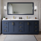 Wyndham WCF292984DBLWCUNSMXX Miranda 84 Inch Double Bathroom Vanity in Dark Blue, White Cultured Marble Countertop, Undermount Square Sinks, Brushed Gold Trim