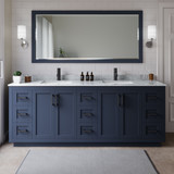 Wyndham WCF292984DBBCMUNSM70 Miranda 84 Inch Double Bathroom Vanity in Dark Blue, White Carrara Marble Countertop, Undermount Square Sinks, Matte Black Trim, 70 Inch Mirror