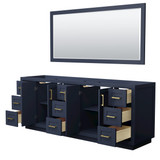 Wyndham WCF292984DBLCXSXXM70 Miranda 84 Inch Double Bathroom Vanity in Dark Blue, No Countertop, No Sink, Brushed Gold Trim, 70 Inch Mirror Wyndham WCF292984DBLCXSXXM70 Miranda 84 Inch Double Bathroom Vanity in Dark Blue, No Countertop, No Sink, Brushed Gold Trim, 70 Inch Mirror