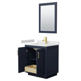 Wyndham WCF292930SBLWCUNSM24 Miranda 30 Inch Single Bathroom Vanity in Dark Blue, White Cultured Marble Countertop, Undermount Square Sink, Brushed Gold Trim, 24 Inch Mirror