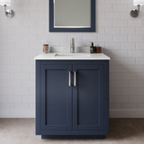 Wyndham WCF292930SBNC2UNSM24 Miranda 30 Inch Single Bathroom Vanity in Dark Blue, Carrara Cultured Marble Countertop, Undermount Square Sink, Brushed Nickel Trim, 24 Inch Mirror