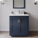 Wyndham WCF292930SBNWCUNSM24 Miranda 30 Inch Single Bathroom Vanity in Dark Blue, White Cultured Marble Countertop, Undermount Square Sink, Brushed Nickel Trim, 24 Inch Mirror