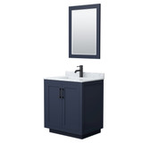 Wyndham WCF292930SBBCMUNSM24 Miranda 30 Inch Single Bathroom Vanity in Dark Blue, White Carrara Marble Countertop, Undermount Square Sink, Matte Black Trim, 24 Inch Mirror
