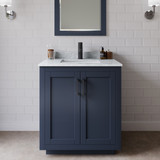 Wyndham WCF292930SBBCMUNSM24 Miranda 30 Inch Single Bathroom Vanity in Dark Blue, White Carrara Marble Countertop, Undermount Square Sink, Matte Black Trim, 24 Inch Mirror