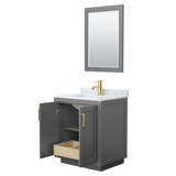Wyndham WCF292930SGGCMUNSM24 Miranda 30 Inch Single Bathroom Vanity in Dark Gray, White Carrara Marble Countertop, Undermount Square Sink, Brushed Gold Trim, 24 Inch Mirror