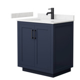 Wyndham WCF292930SBBC2UNSMXX Miranda 30 Inch Single Bathroom Vanity in Dark Blue, Carrara Cultured Marble Countertop, Undermount Square Sink, Matte Black Trim