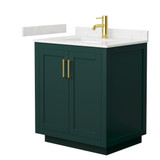 Wyndham WCF292930SGDC2UNSMXX Miranda 30 Inch Single Bathroom Vanity in Green, Carrara Cultured Marble Countertop, Undermount Square Sink, Brushed Gold Trim