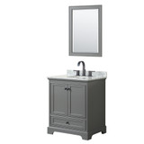 Wyndham WCS202030SGBCMUNOM24 Deborah 30 Inch Single Bathroom Vanity in Dark Gray, White Carrara Marble Countertop, Undermount Oval Sink, Matte Black Trim, 24 Inch Mirror