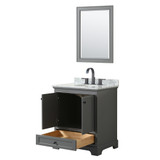 Wyndham WCS202030SGBCMUNOM24 Deborah 30 Inch Single Bathroom Vanity in Dark Gray, White Carrara Marble Countertop, Undermount Oval Sink, Matte Black Trim, 24 Inch Mirror