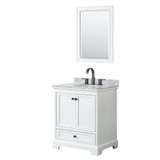 Wyndham WCS202030SWBCMUNOM24 Deborah 30 Inch Single Bathroom Vanity in White, White Carrara Marble Countertop, Undermount Oval Sink, Matte Black Trim, 24 Inch Mirror