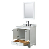 Wyndham WCS202030SWBCMUNOM24 Deborah 30 Inch Single Bathroom Vanity in White, White Carrara Marble Countertop, Undermount Oval Sink, Matte Black Trim, 24 Inch Mirror