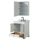 Wyndham WCS202030SWBCMUNOMED Deborah 30 Inch Single Bathroom Vanity in White, White Carrara Marble Countertop, Undermount Oval Sink, Matte Black Trim, Medicine Cabinet