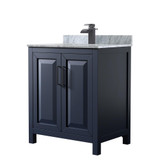 Wyndham WCV252530SBBCMUNSMXX Daria 30 Inch Single Bathroom Vanity in Dark Blue, White Carrara Marble Countertop, Undermount Square Sink, Matte Black Trim