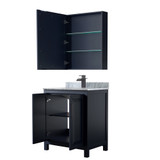 Wyndham WCV252530SBBCMUNSMED Daria 30 Inch Single Bathroom Vanity in Dark Blue, White Carrara Marble Countertop, Undermount Square Sink, Matte Black Trim, Medicine Cabinet
