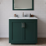 Wyndham WCF292936SGECMUNSM34 Miranda 36 Inch Single Bathroom Vanity in Green, White Carrara Marble Countertop, Undermount Square Sink, Brushed Nickel Trim, 34 Inch Mirror