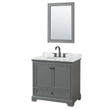 Wyndham WCS202036SGBCMUNOM24 Deborah 36 Inch Single Bathroom Vanity in Dark Gray, White Carrara Marble Countertop, Undermount Oval Sink, Matte Black Trim, 24 Inch Mirror