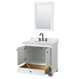 Wyndham WCS202036SWBCMUNOM24 Deborah 36 Inch Single Bathroom Vanity in White, White Carrara Marble Countertop, Undermount Oval Sink, Matte Black Trim, 24 Inch Mirror