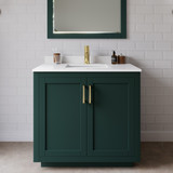 Wyndham WCF292936SGDWCUNSMXX Miranda 36 Inch Single Bathroom Vanity in Green, White Cultured Marble Countertop, Undermount Square Sink, Brushed Gold Trim