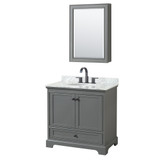 Wyndham WCS202036SGBCMUNOMED Deborah 36 Inch Single Bathroom Vanity in Dark Gray, White Carrara Marble Countertop, Undermount Oval Sink, Matte Black Trim, Medicine Cabinet