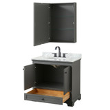 Wyndham WCS202036SGBCMUNOMED Deborah 36 Inch Single Bathroom Vanity in Dark Gray, White Carrara Marble Countertop, Undermount Oval Sink, Matte Black Trim, Medicine Cabinet