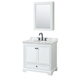 Wyndham WCS202036SWBCMUNOMED Deborah 36 Inch Single Bathroom Vanity in White, White Carrara Marble Countertop, Undermount Oval Sink, Matte Black Trim, Medicine Cabinet