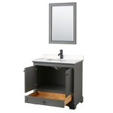 Wyndham WCS202036SGBC2UNSM24 Deborah 36 Inch Single Bathroom Vanity in Dark Gray, Carrara Cultured Marble Countertop, Undermount Square Sink, Matte Black Trim, 24 Inch Mirror